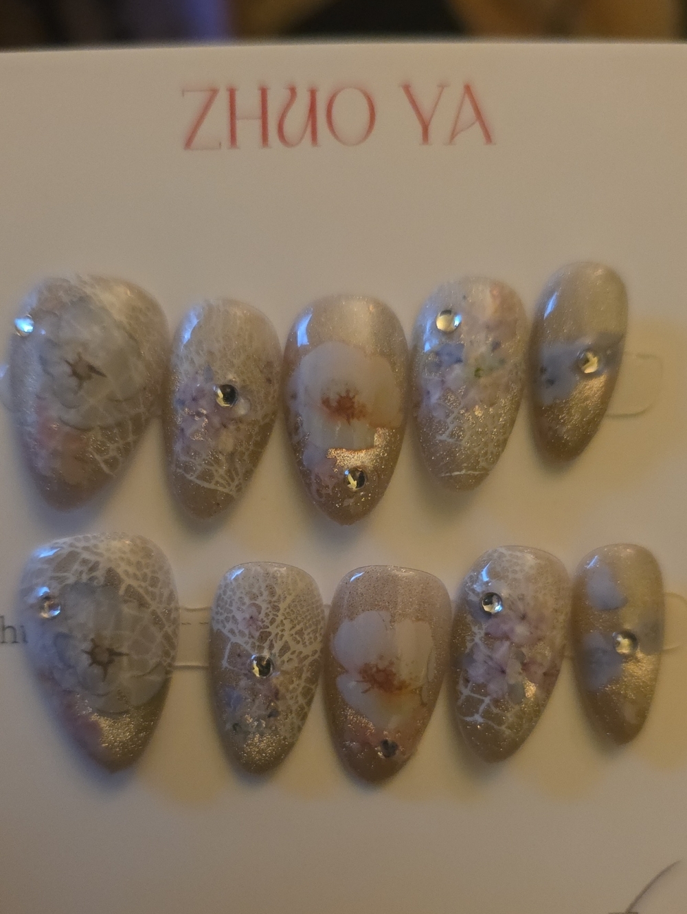 Beige Floral Press-On Nail Set for Women Large